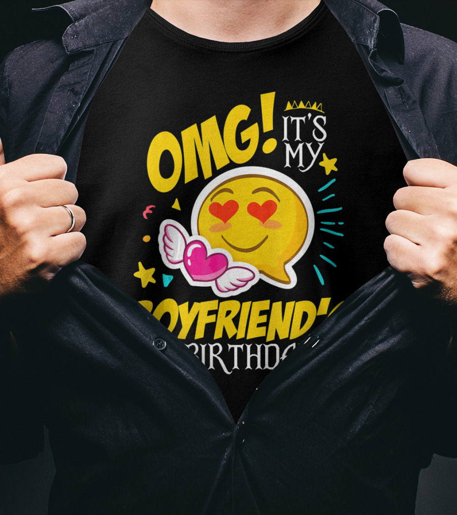 OMG It's My Boyfriend's Birthday Cool Emo Emoji Hearts Wings T-Shirt