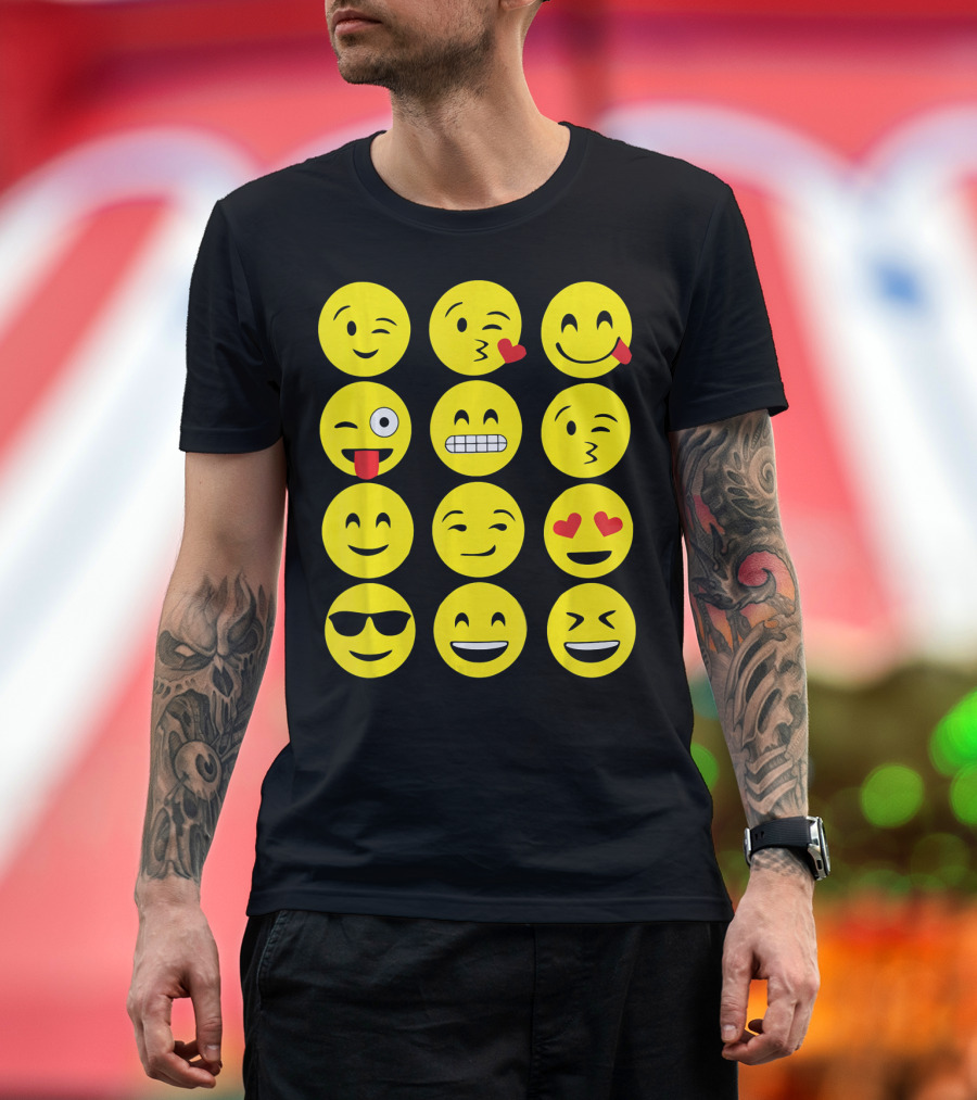 Emojis Funny Emoji Yellow Face Winking Smiling Heart Eyes Sunglasses Expression T-Shirt