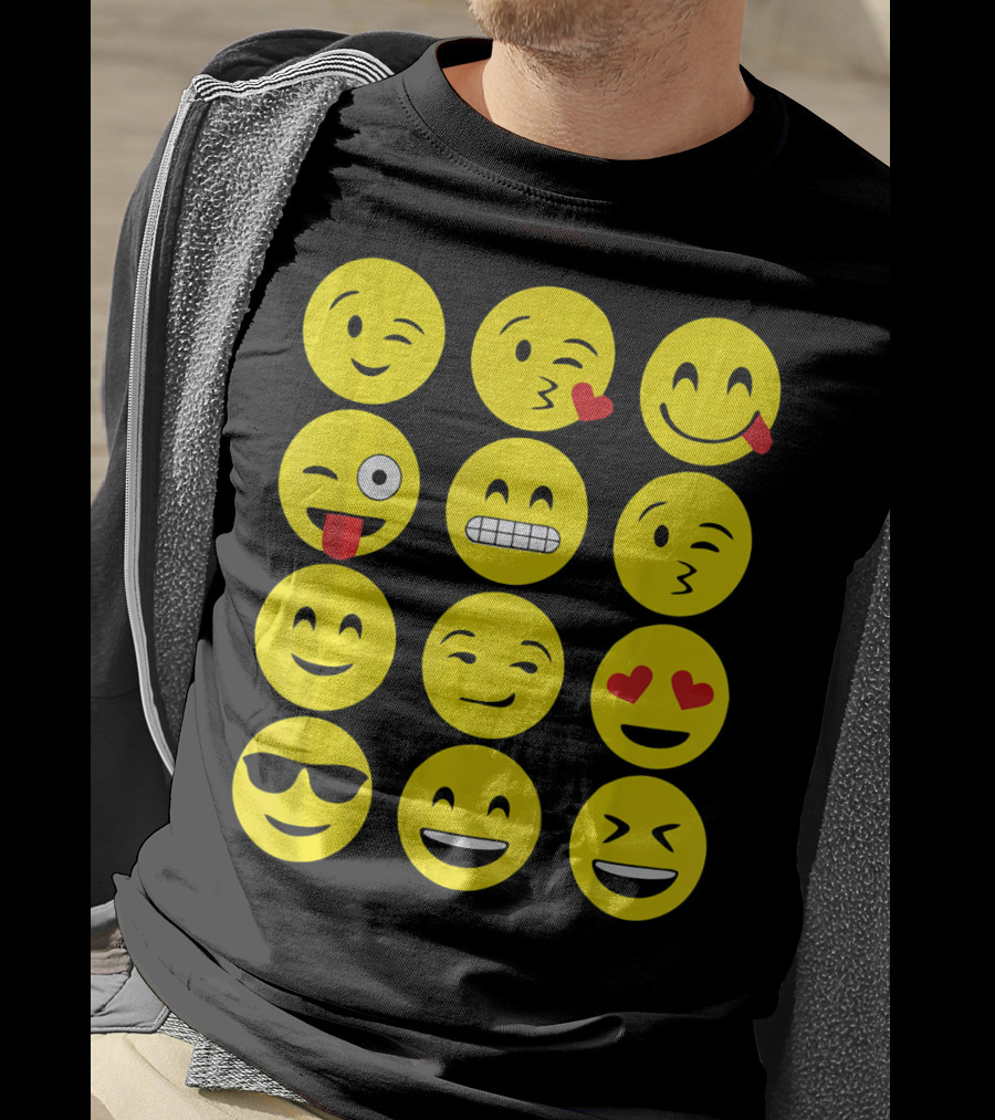 Emojis Funny Emoji Yellow Face Winking Smiling Heart Eyes Sunglasses Expression T-Shirt