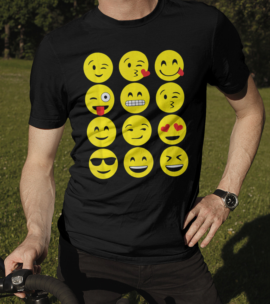 Emojis Funny Emoji Yellow Face Winking Smiling Heart Eyes Sunglasses Expression T-Shirt