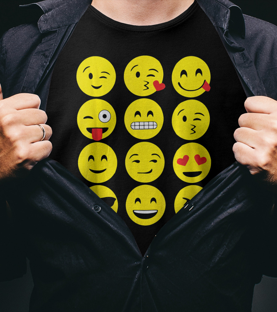 Emojis Funny Emoji Yellow Face Winking Smiling Heart Eyes Sunglasses Expression T-Shirt