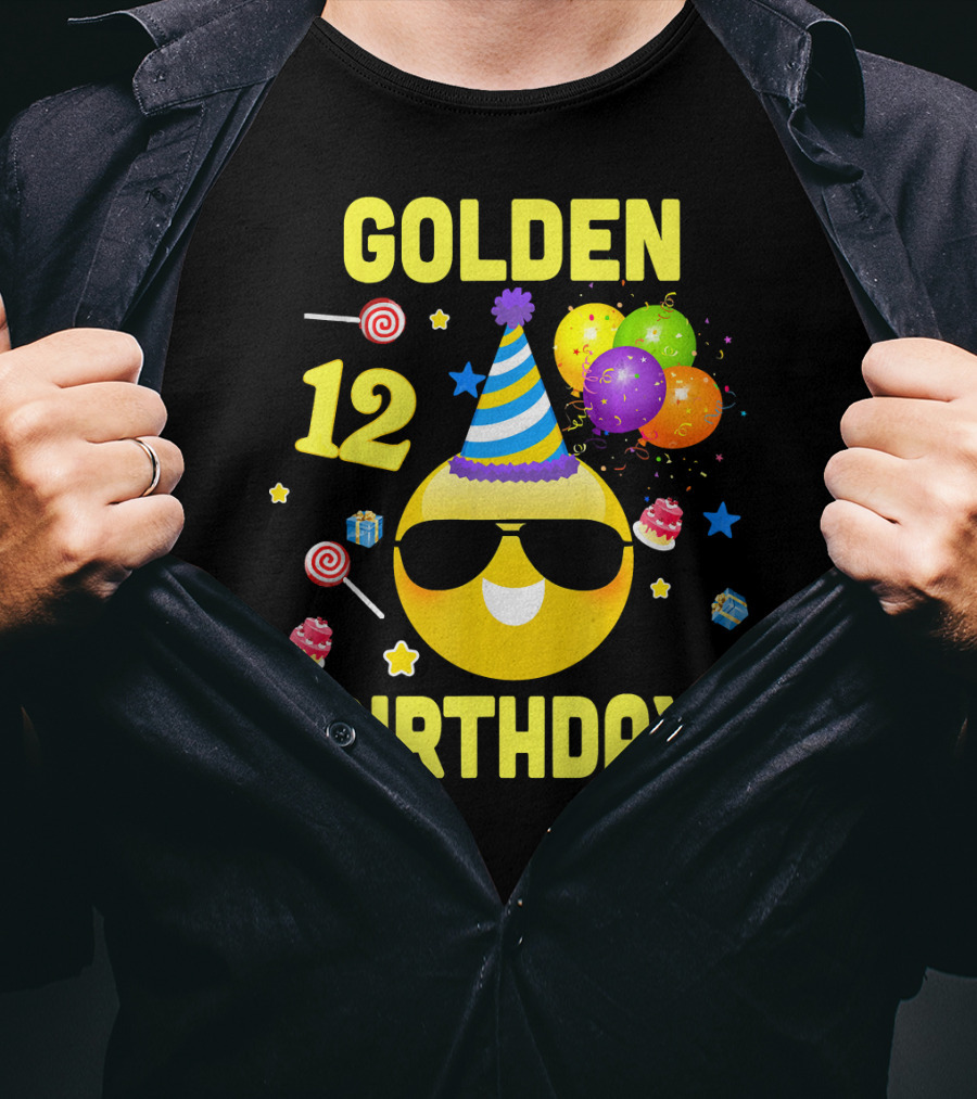 Golden Birthday 12 Emoji Party Hat Sunglasses Balloons Confetti T-Shirt