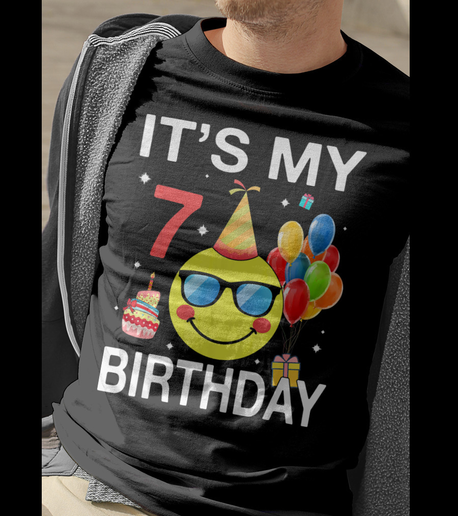 IT'S MY 7 BIRTHDAY Emoji Party Hat Sunglasses Balloons Cake T-Shirt