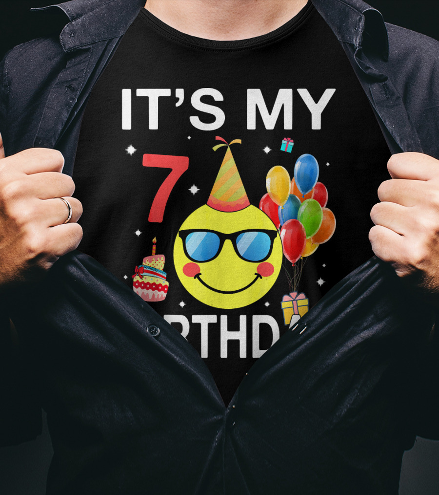 IT'S MY 7 BIRTHDAY Emoji Party Hat Sunglasses Balloons Cake T-Shirt