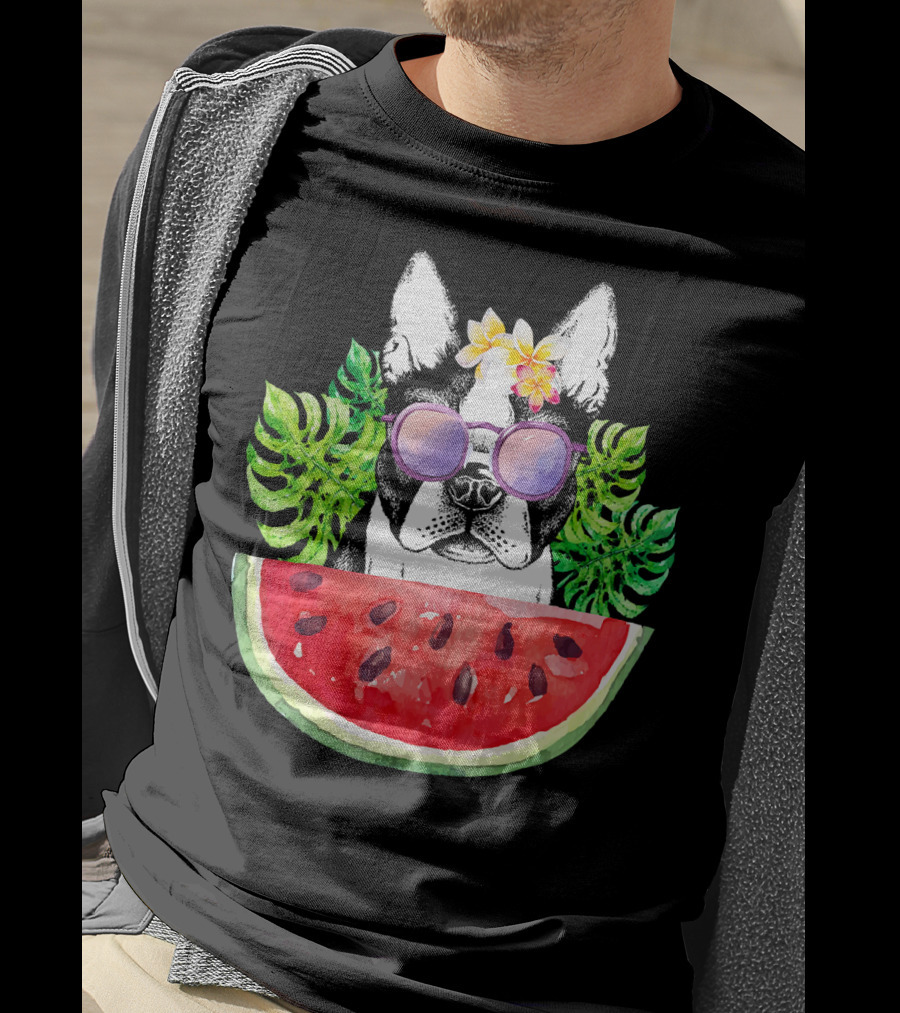 Funny Boston Terrier Love Summer Watermelon Sunglasses Tropical Vibes T-Shirt