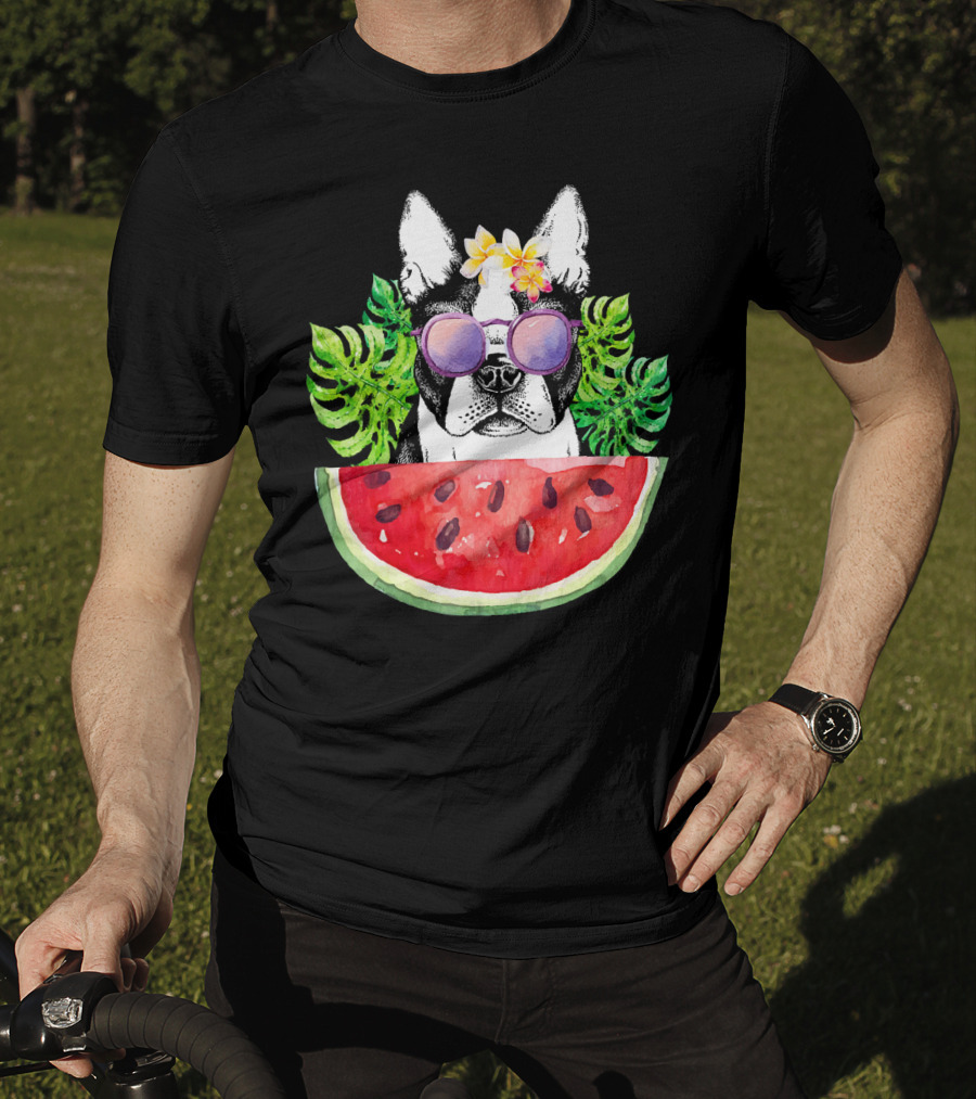 Funny Boston Terrier Love Summer Watermelon Sunglasses Tropical Vibes T-Shirt