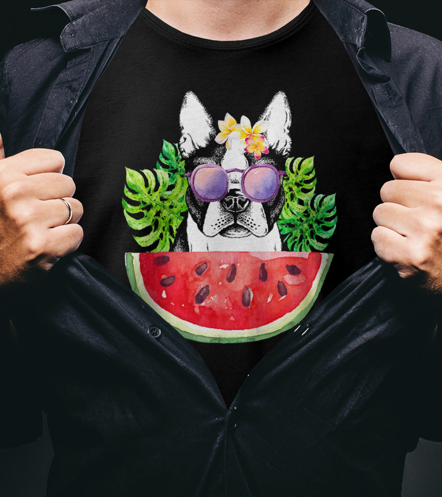 Funny Boston Terrier Love Summer Watermelon Sunglasses Tropical Vibes T-Shirt