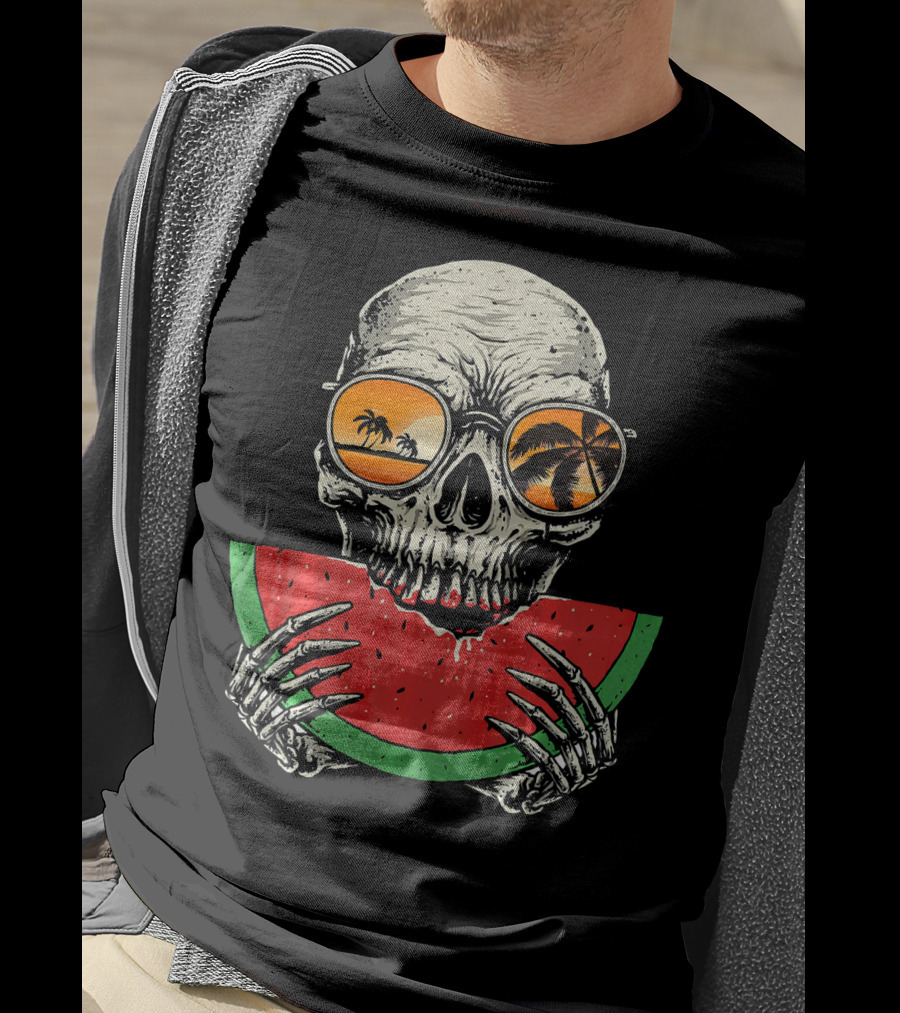Watermelon Skull Wearing Summer Glasses With Beach Reflections T-Shirt