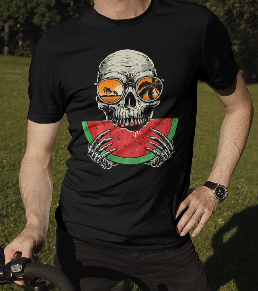 Watermelon Skull Wearing Summer Glasses With Beach Reflections T-Shirt