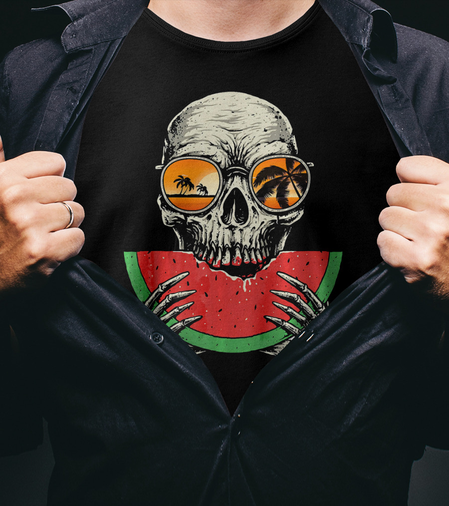 Watermelon Skull Wearing Summer Glasses With Beach Reflections T-Shirt