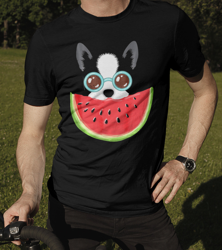 Watermelon Love Funny Boston Terrier With Sunglasses T-Shirt