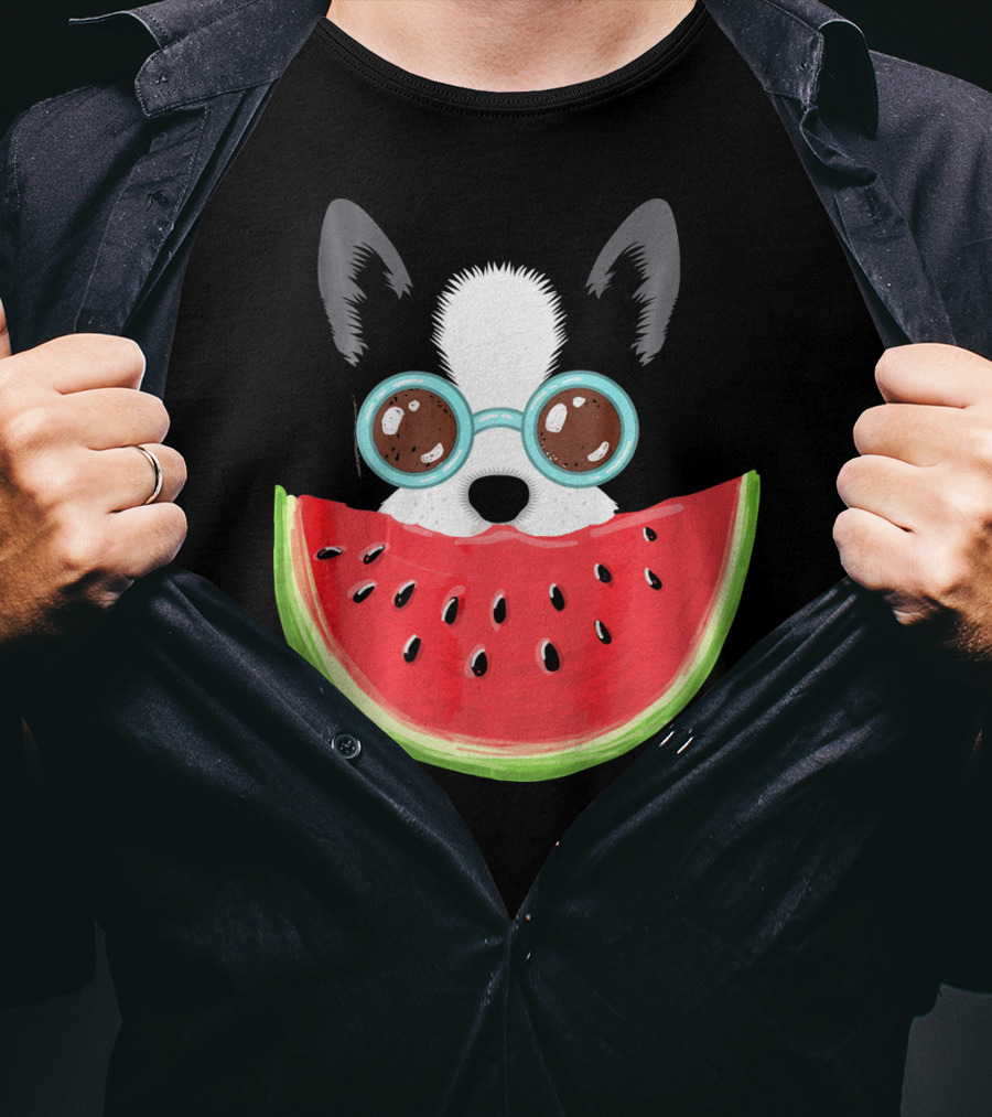 Watermelon Love Funny Boston Terrier With Sunglasses T-Shirt