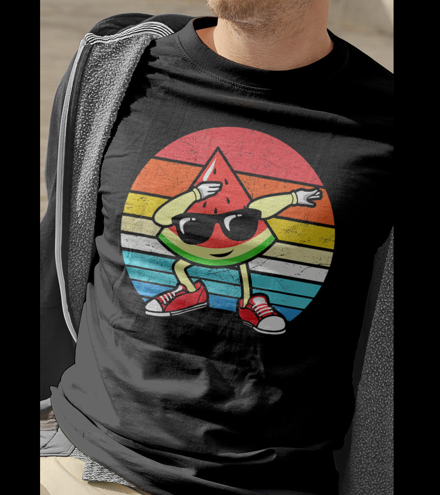 Dabbing Watermelon Vintage Summer Retro Sunset Stripes T-Shirt