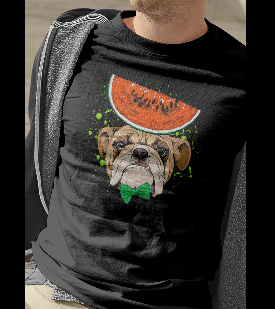 Bulldog Wearing Watermelon Hat With Green Bow Tie T-Shirt