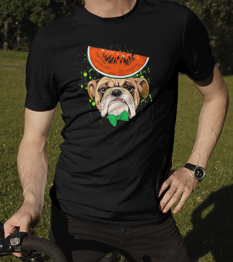 Bulldog Wearing Watermelon Hat With Green Bow Tie T-Shirt