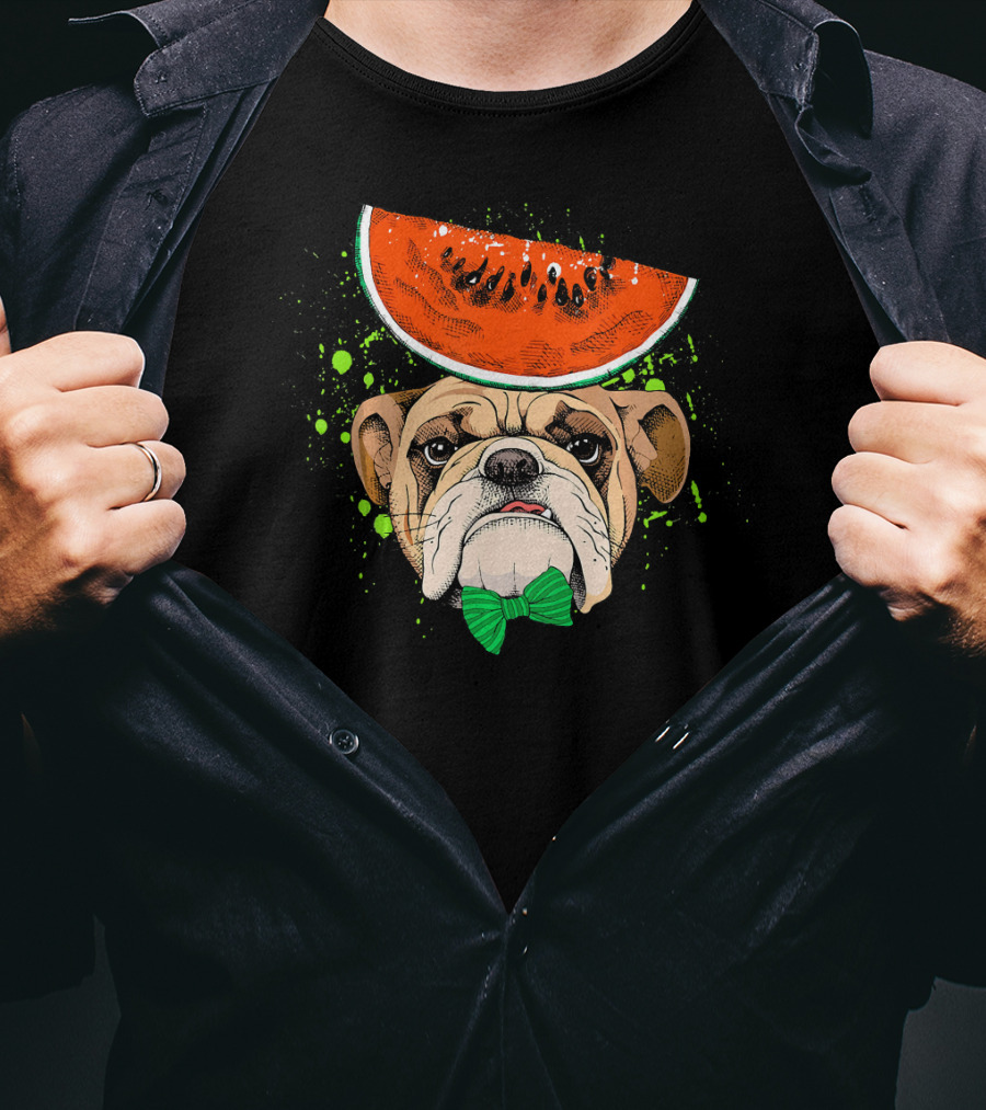 Bulldog Wearing Watermelon Hat With Green Bow Tie T-Shirt