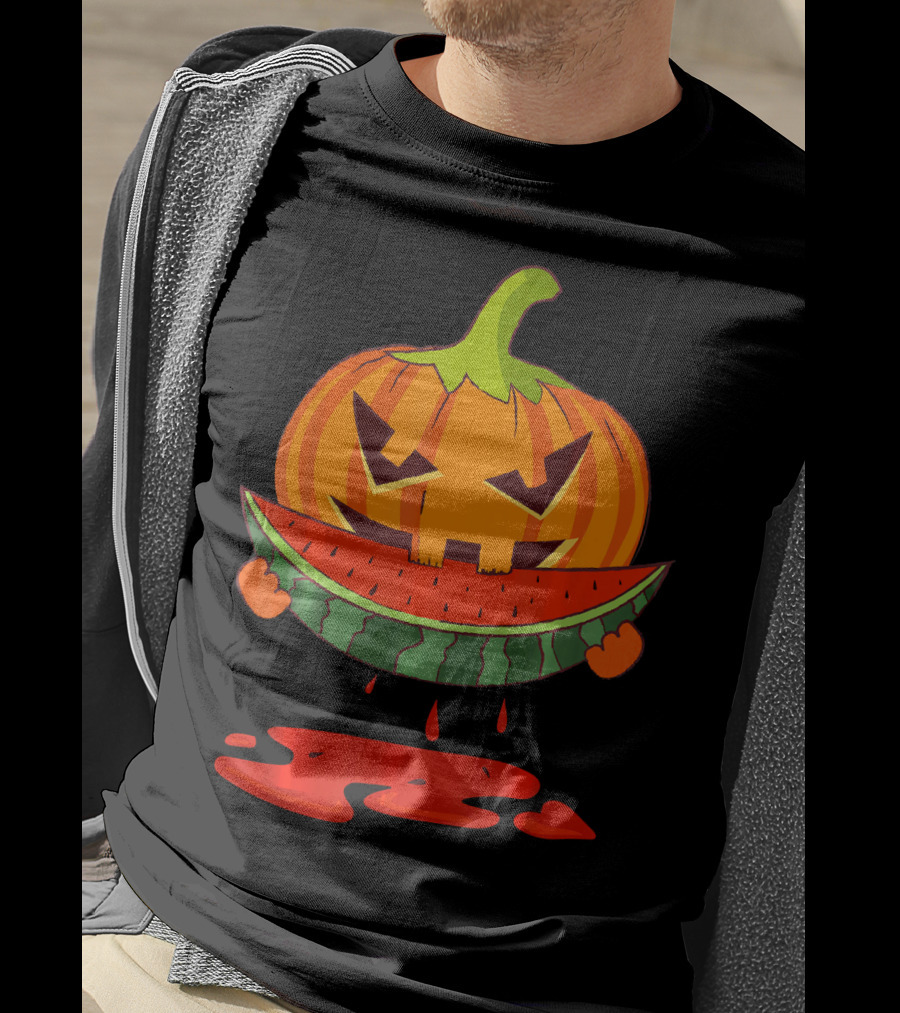Creepy Pumpkin Devours Juicy Watermelon In Spooky T-Shirt