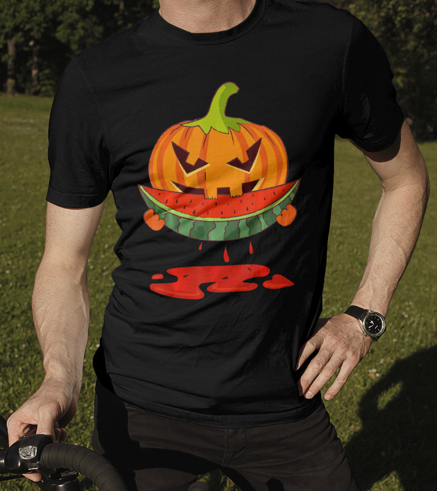 Creepy Pumpkin Devours Juicy Watermelon In Spooky T-Shirt