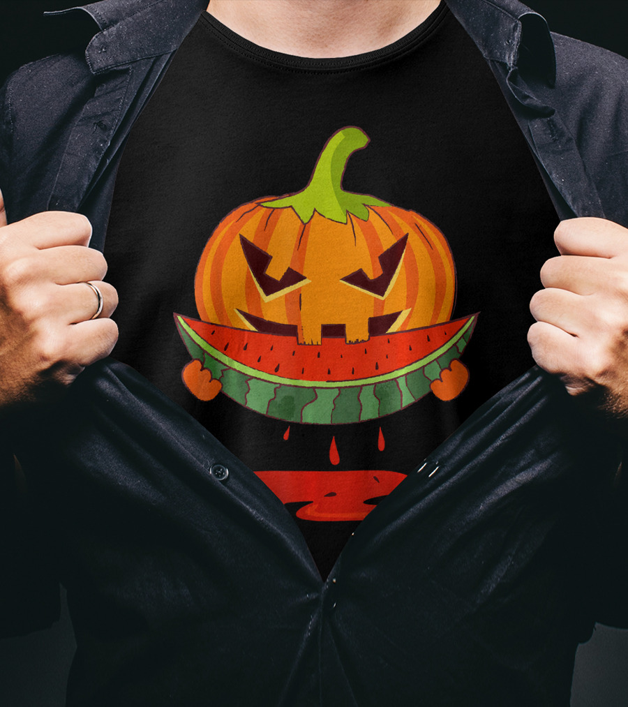 Creepy Pumpkin Devours Juicy Watermelon In Spooky T-Shirt