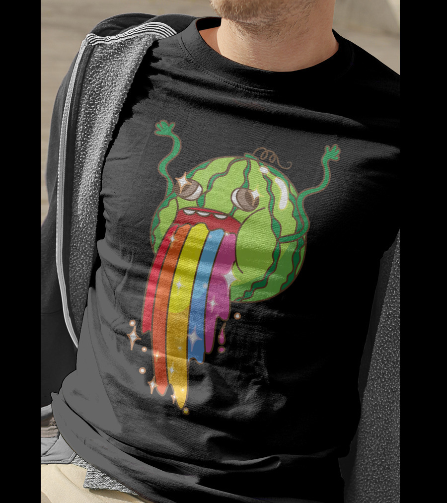 Comic Watermelon Vomits Sparkling Rainbow Streams T-Shirt