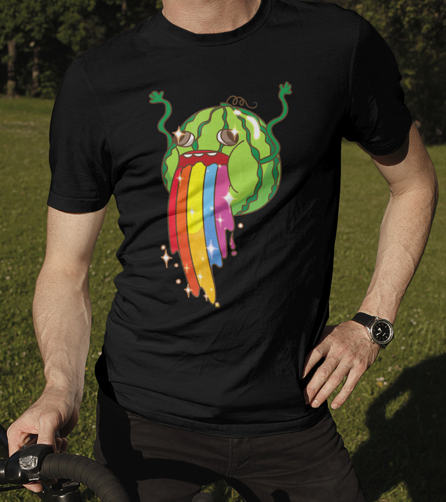 Comic Watermelon Vomits Sparkling Rainbow Streams T-Shirt