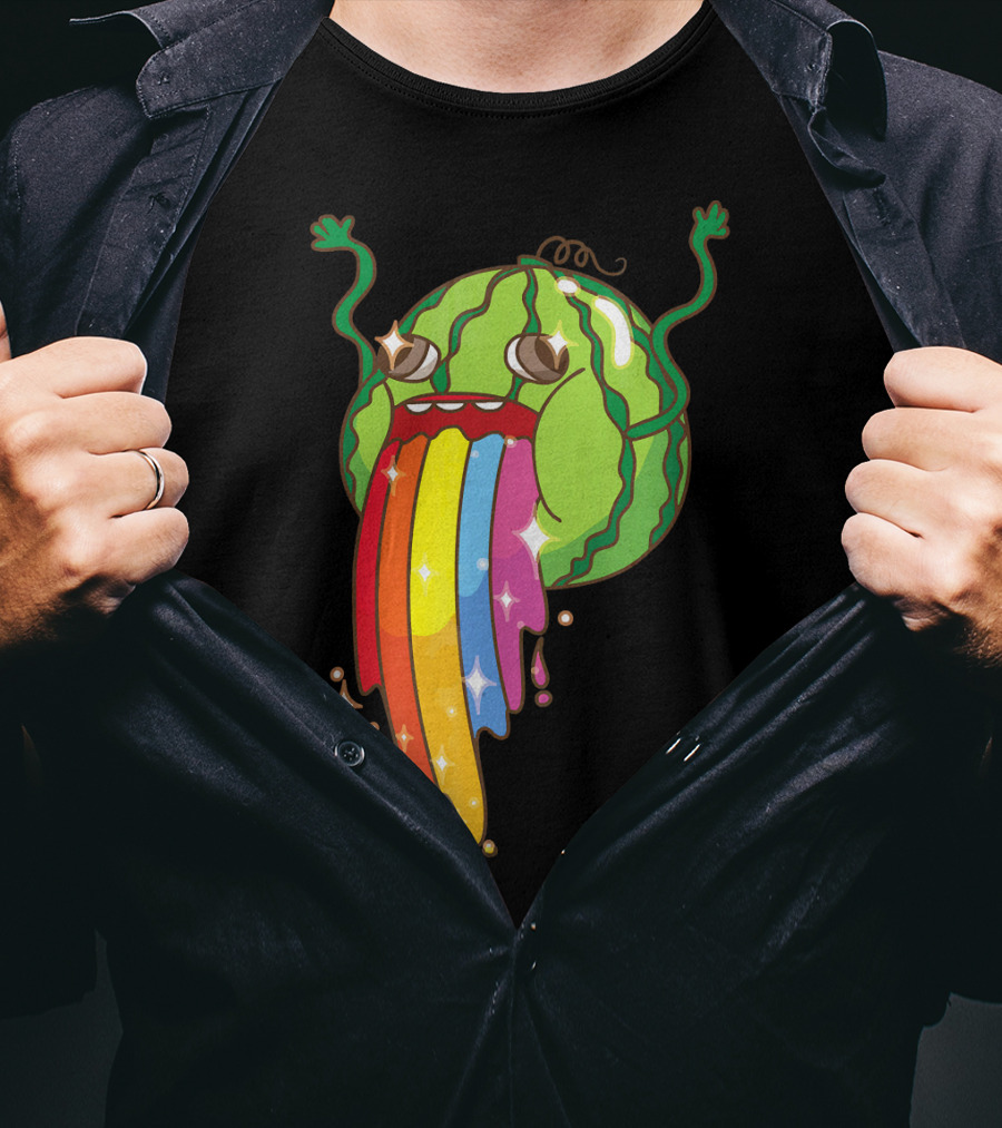 Comic Watermelon Vomits Sparkling Rainbow Streams T-Shirt