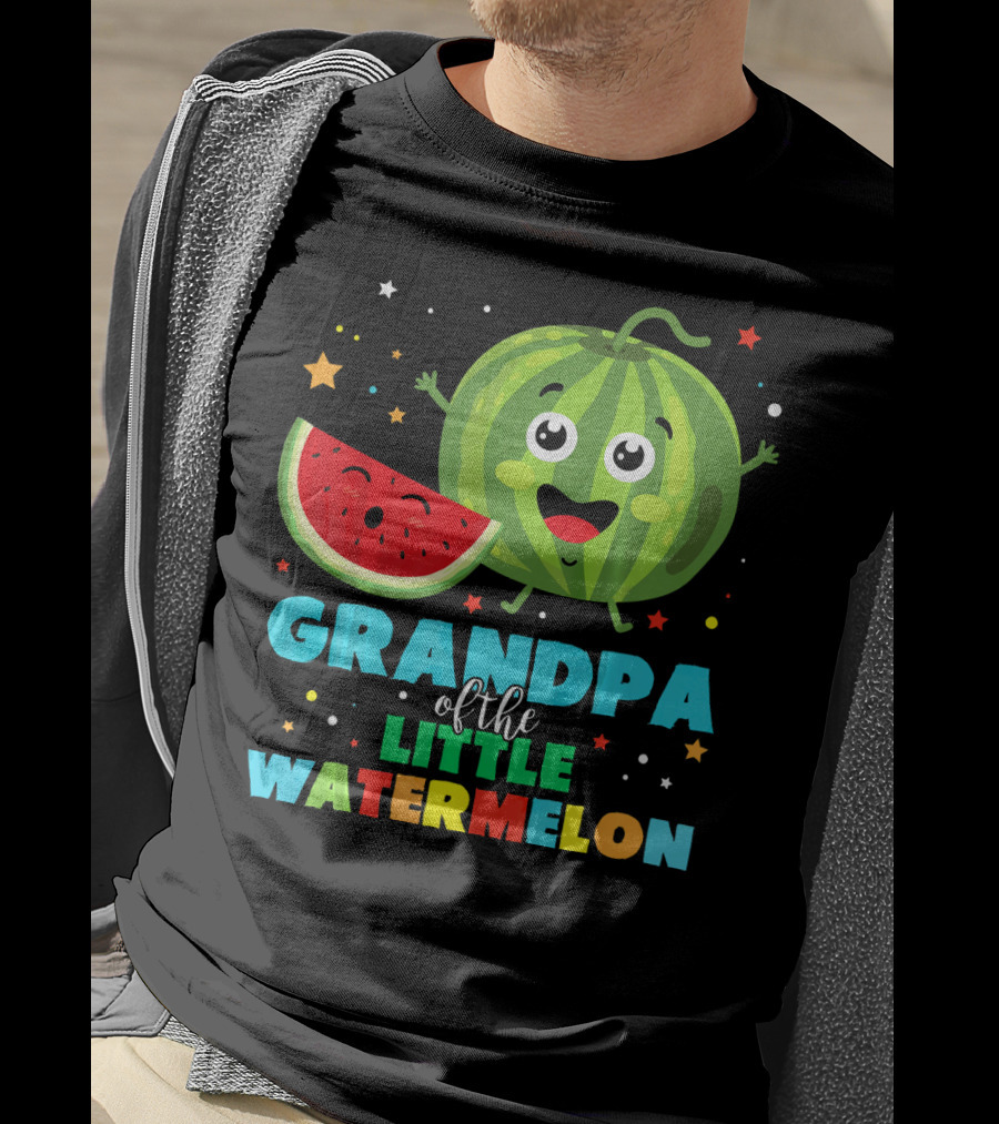 Grandpa Of The Little Watermelon With Happy Cartoon Fruit And Colorful Stars T-Shirt