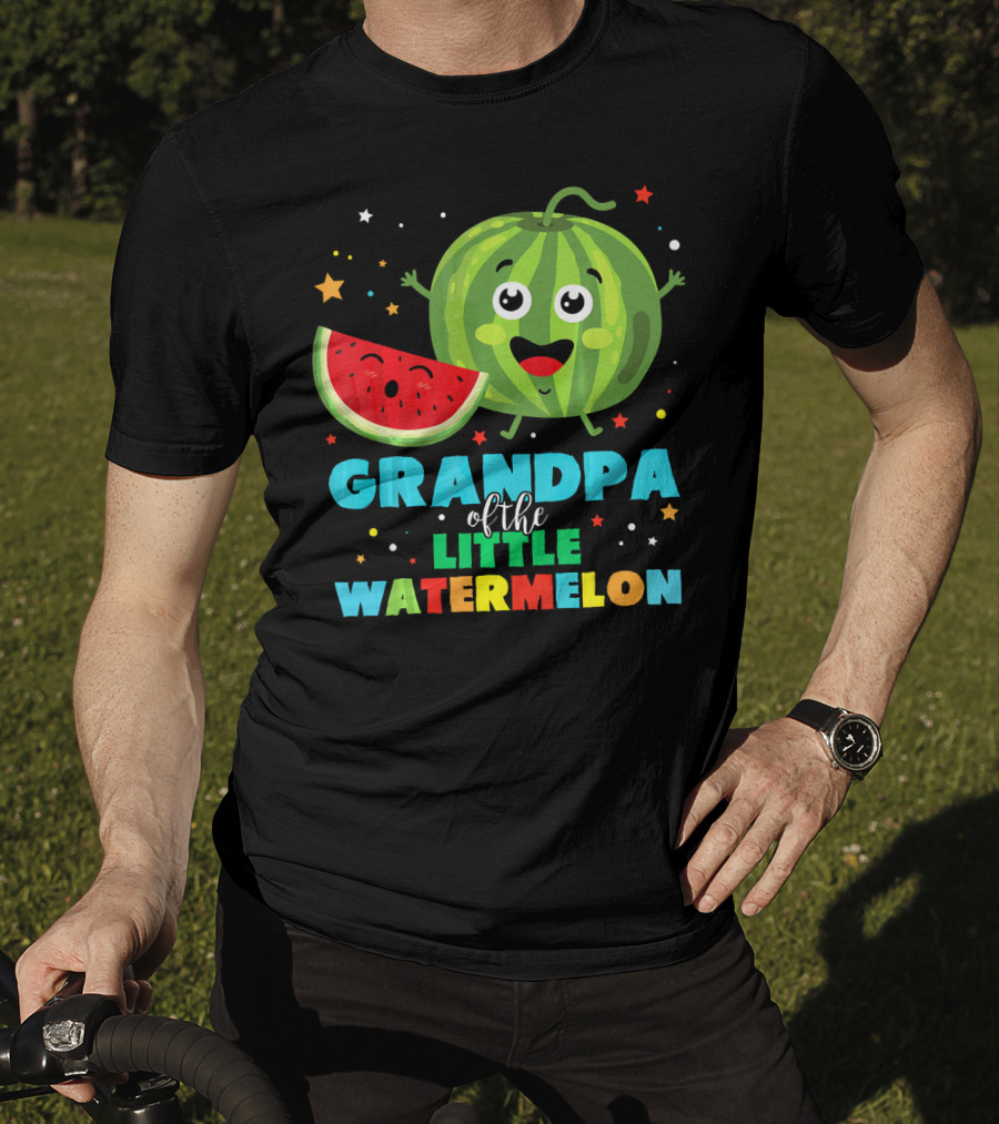 Grandpa Of The Little Watermelon With Happy Cartoon Fruit And Colorful Stars T-Shirt