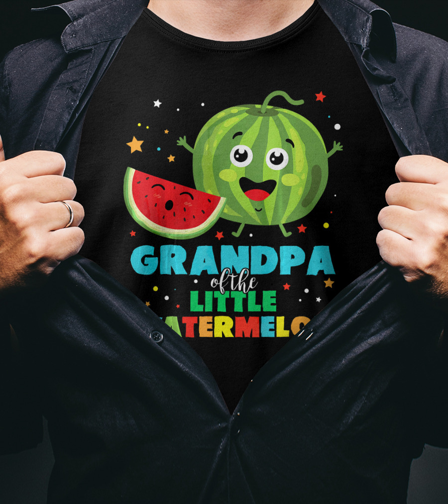 Grandpa Of The Little Watermelon With Happy Cartoon Fruit And Colorful Stars T-Shirt