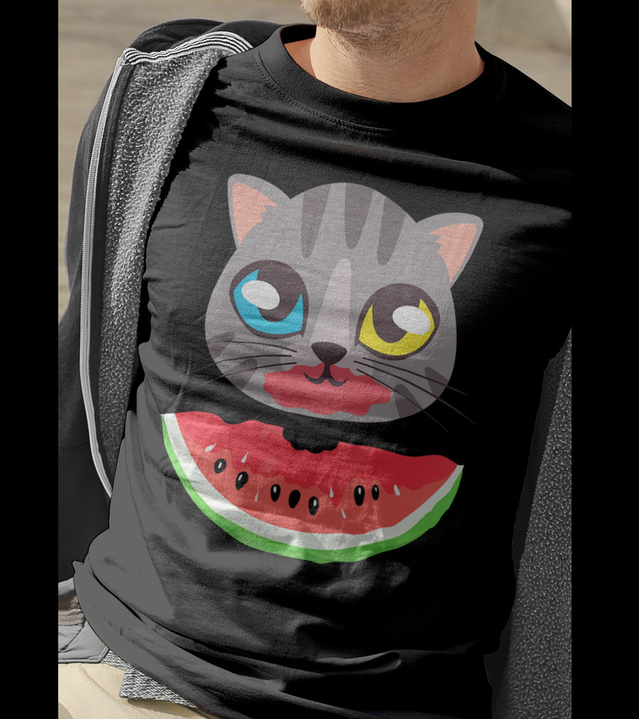 Watermelon Cat Funny Cat With Dual-Colored Eyes And Watermelon Slice T-Shirt
