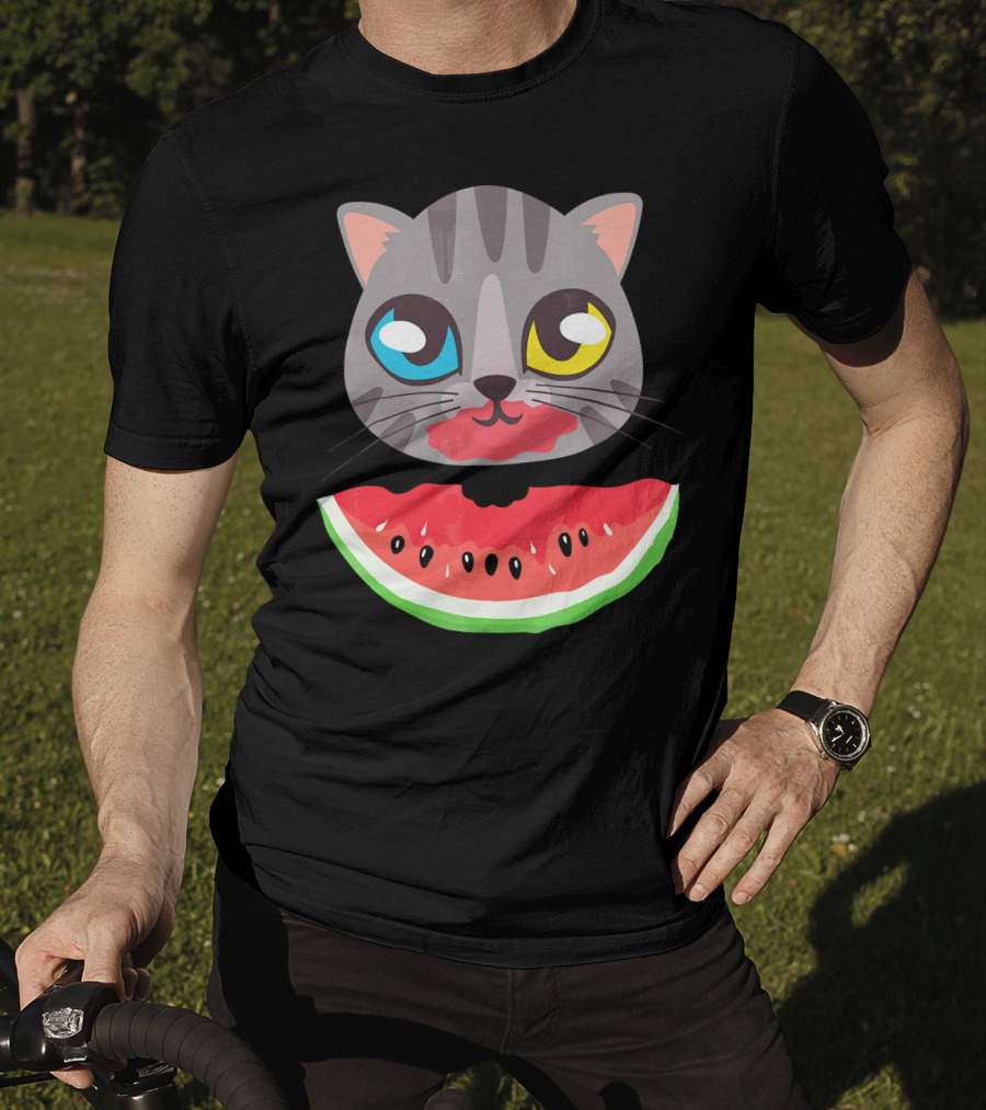 Watermelon Cat Funny Cat With Dual-Colored Eyes And Watermelon Slice T-Shirt