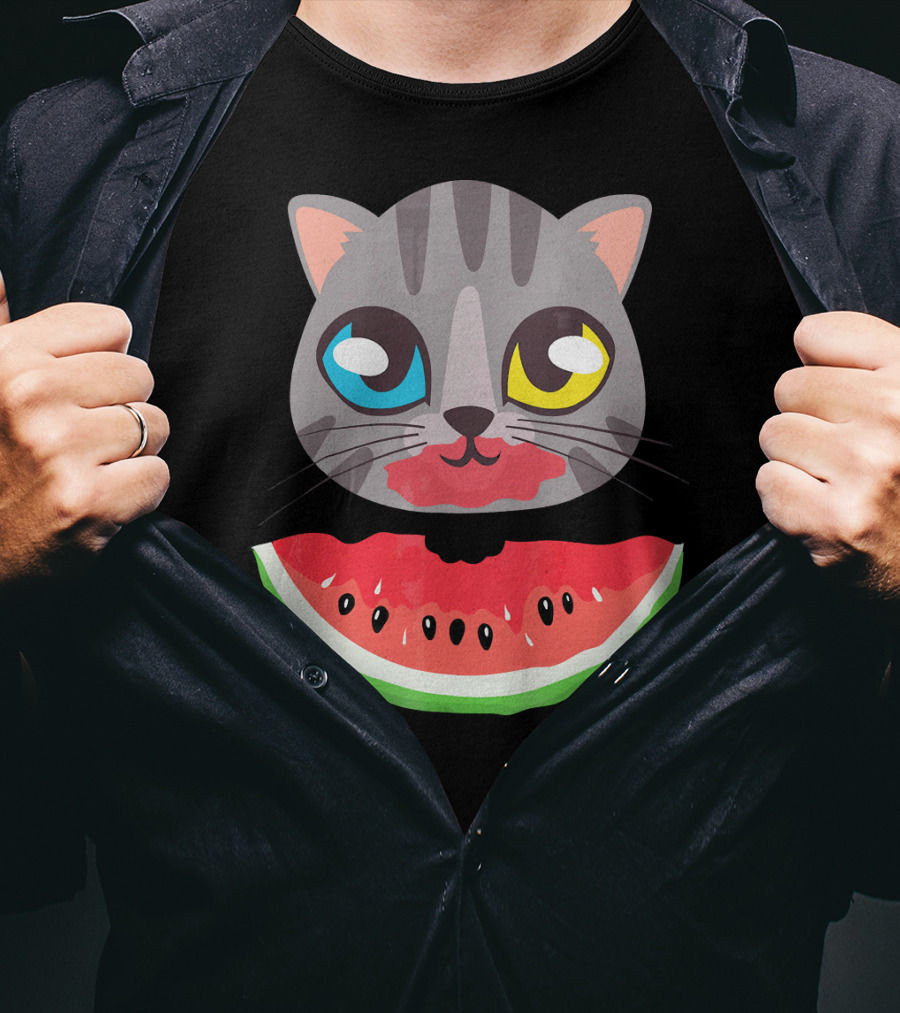 Watermelon Cat Funny Cat With Dual-Colored Eyes And Watermelon Slice T-Shirt