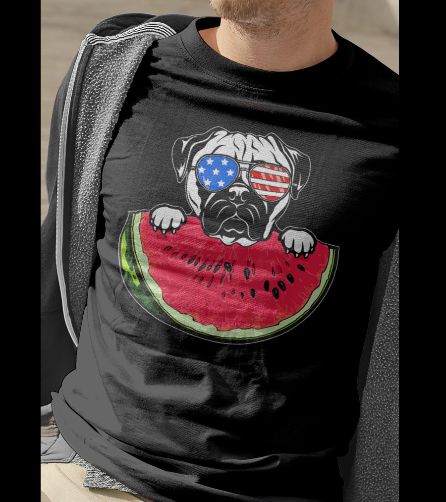 Funny Watermelon Day Pug American Flag Glasses T-Shirt