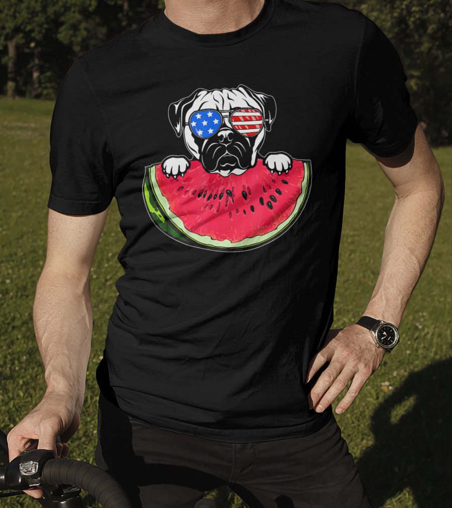 Funny Watermelon Day Pug American Flag Glasses T-Shirt