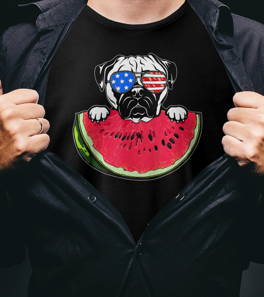 Funny Watermelon Day Pug American Flag Glasses T-Shirt