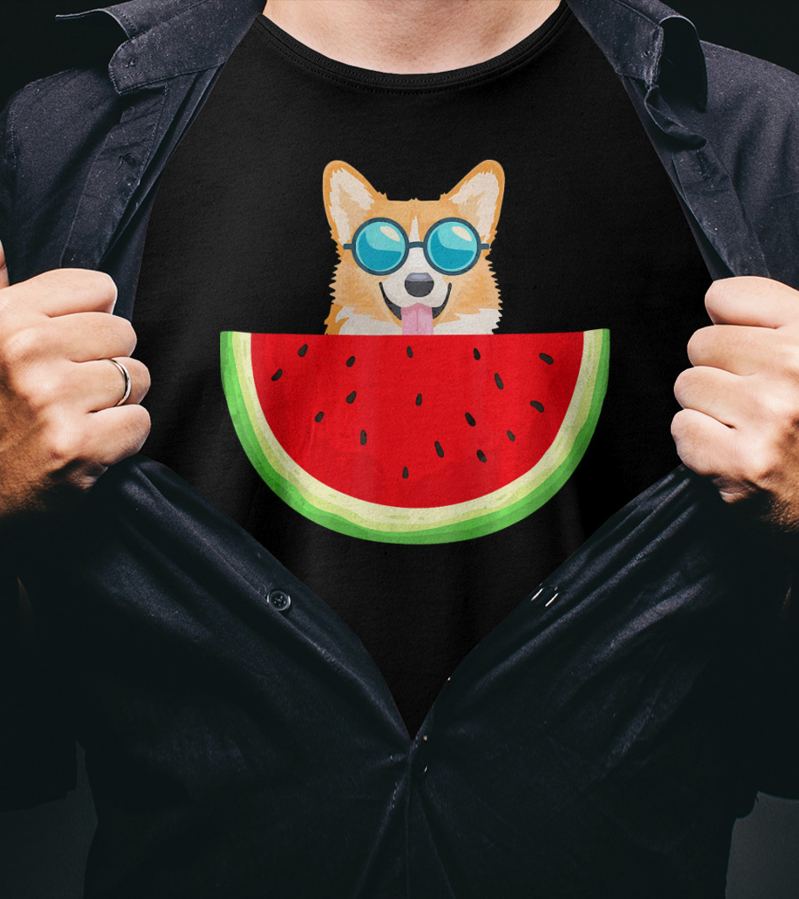 Corgi With Sunglasses And Watermelon Slice Womens T-Shirt
