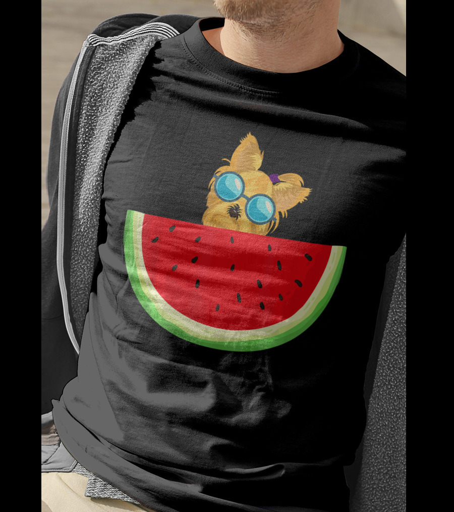 Yorkie Dog With Sunglasses And Watermelon Slice T-Shirt