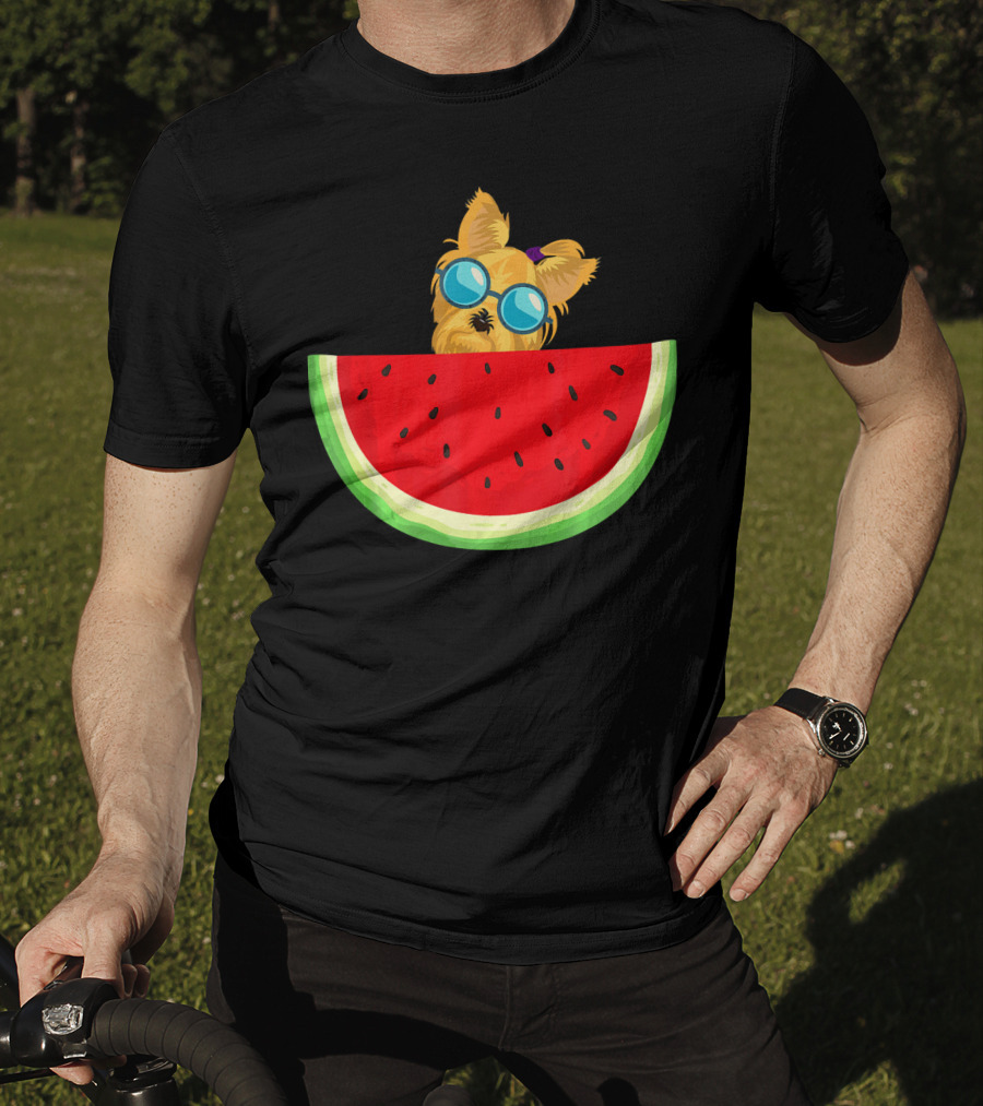 Yorkie Dog With Sunglasses And Watermelon Slice T-Shirt