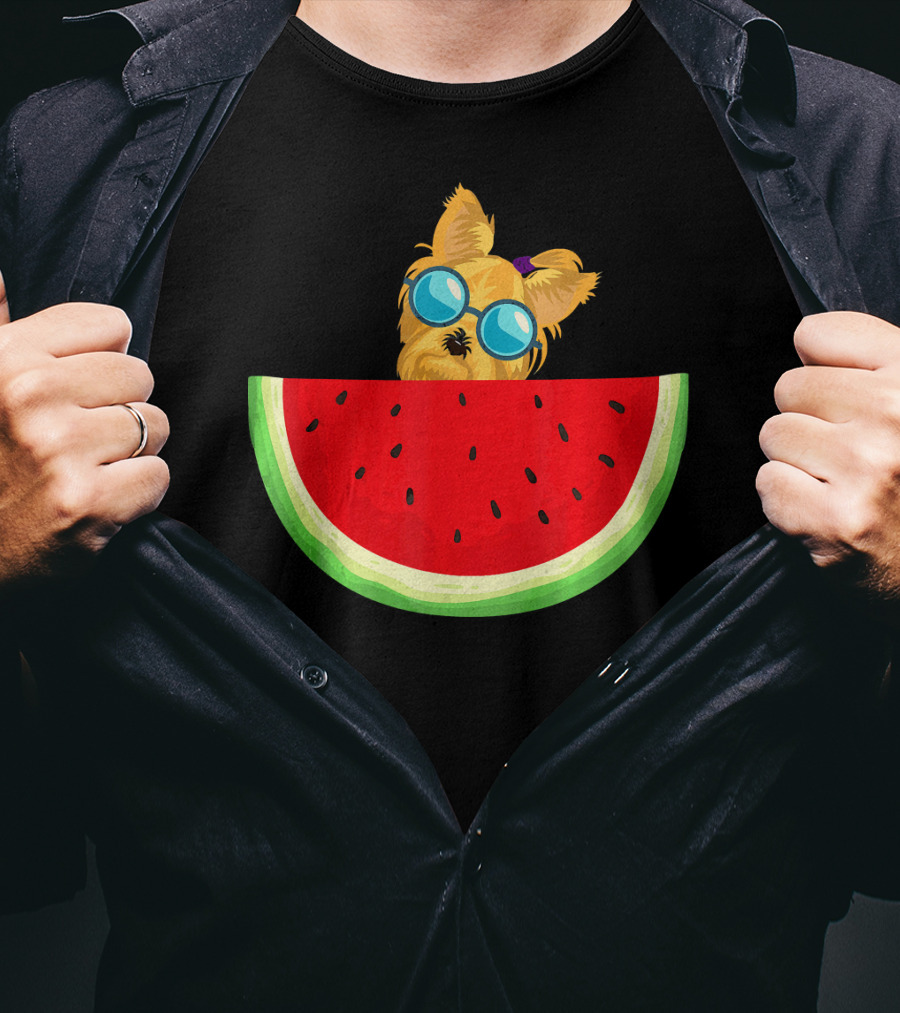 Yorkie Dog With Sunglasses And Watermelon Slice T-Shirt