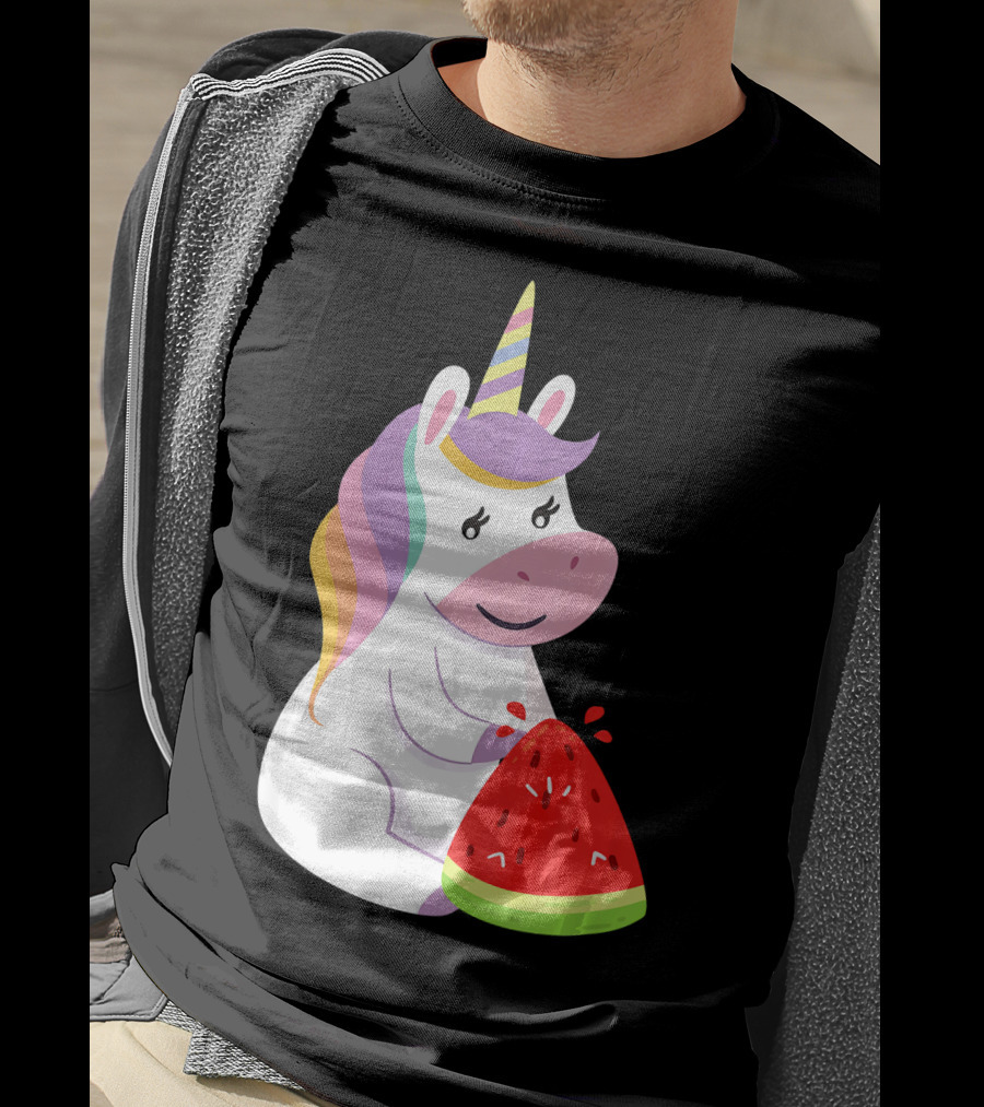 Unicorn Eating Watermelon With Rainbow Mane Novelty T-Shirt