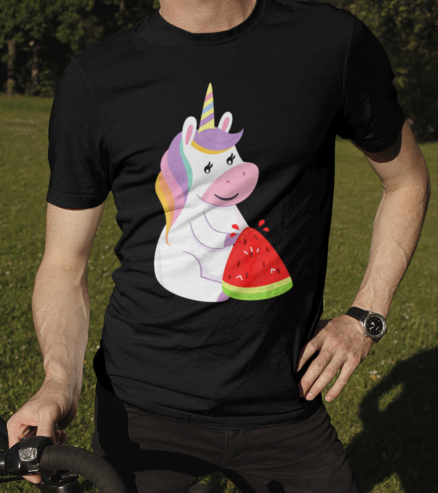Unicorn Eating Watermelon With Rainbow Mane Novelty T-Shirt