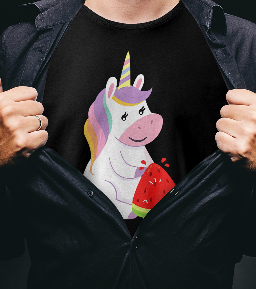 Unicorn Eating Watermelon With Rainbow Mane Novelty T-Shirt