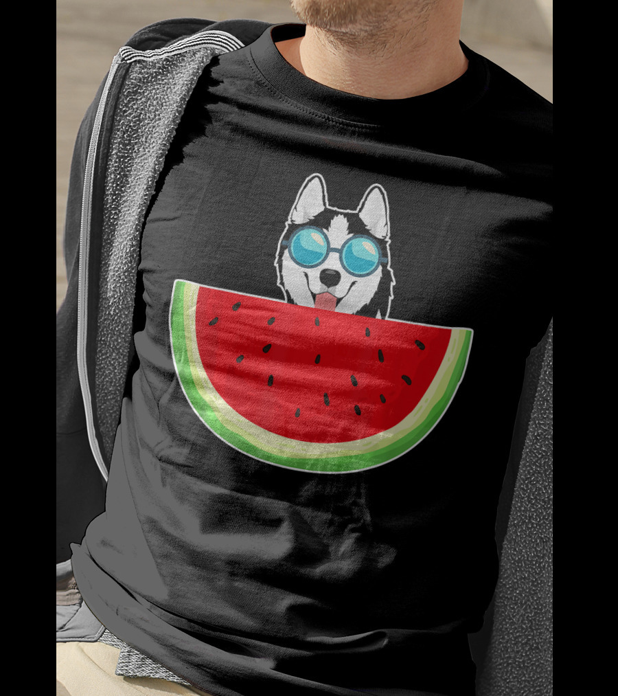 Husky Behind Watermelon With Sunglasses For Women T-Shirt