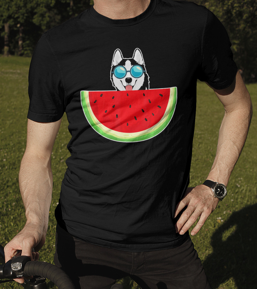 Husky Behind Watermelon With Sunglasses For Women T-Shirt