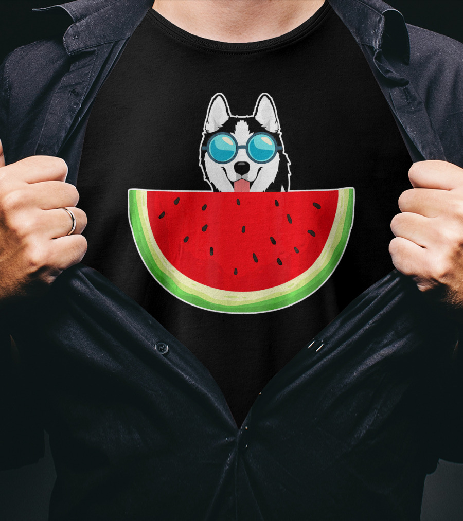 Husky Behind Watermelon With Sunglasses For Women T-Shirt