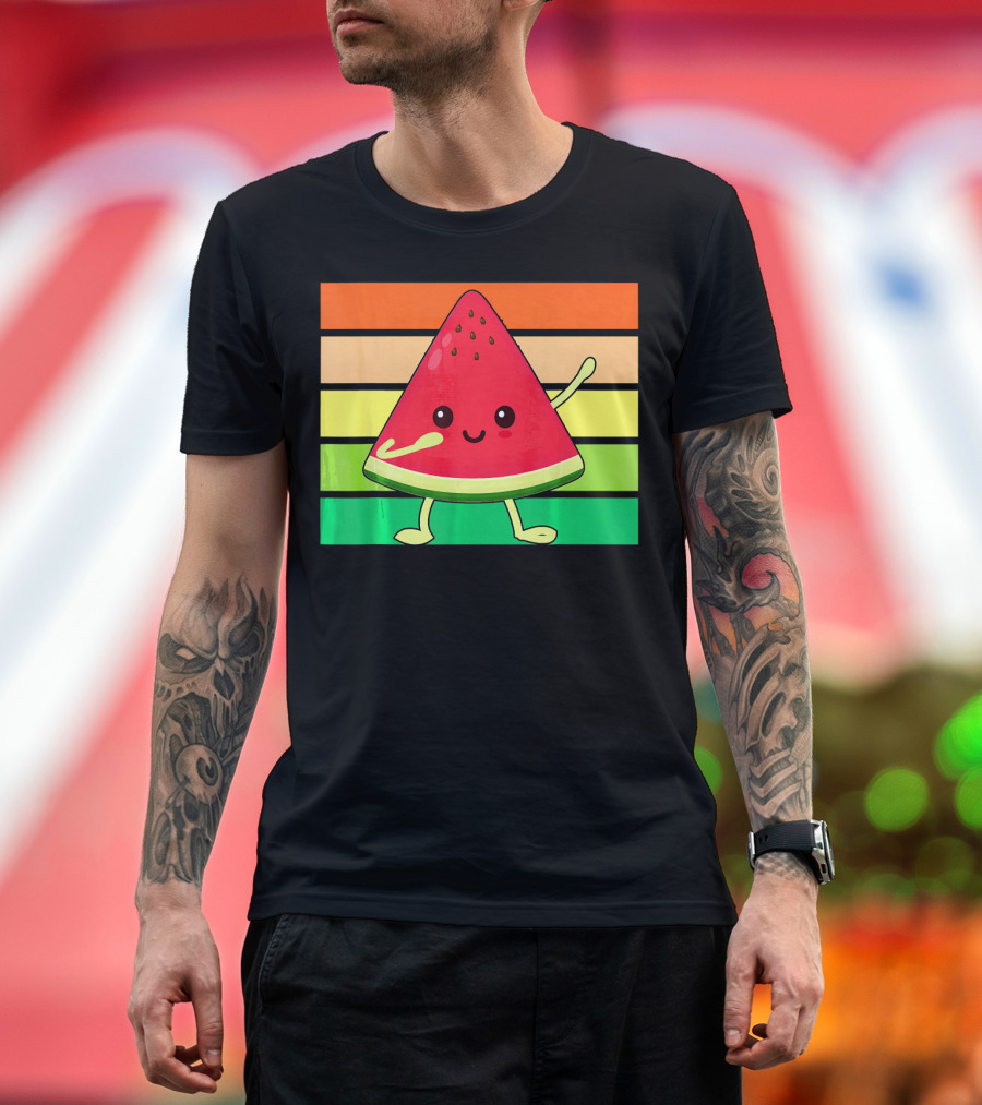 Dabbing Watermelon Retro Rainbow Stripes T-Shirt