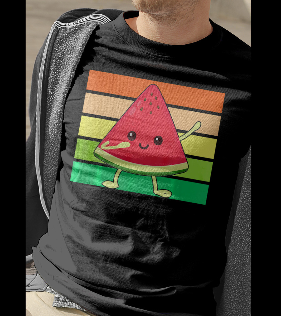 Dabbing Watermelon Retro Rainbow Stripes T-Shirt