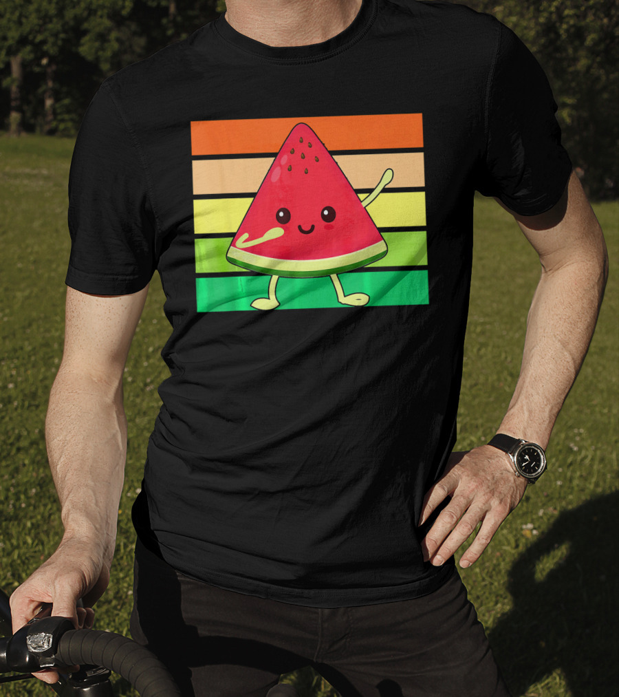 Dabbing Watermelon Retro Rainbow Stripes T-Shirt