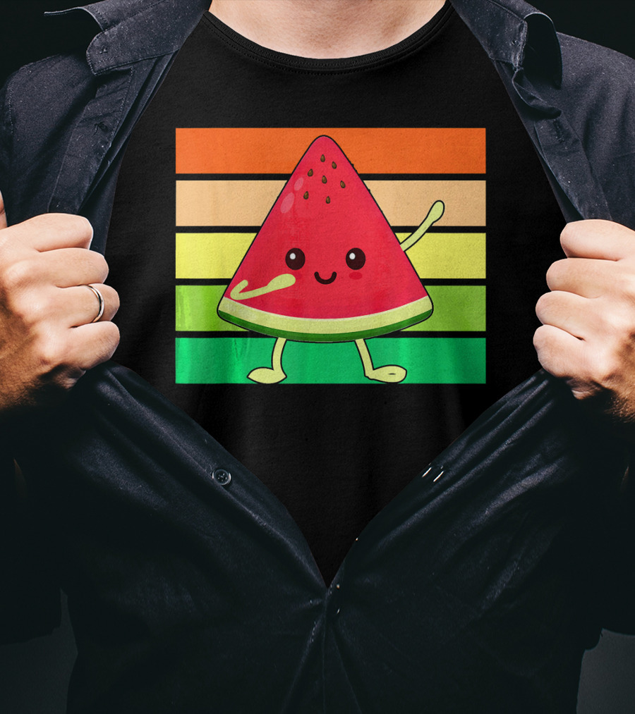 Dabbing Watermelon Retro Rainbow Stripes T-Shirt