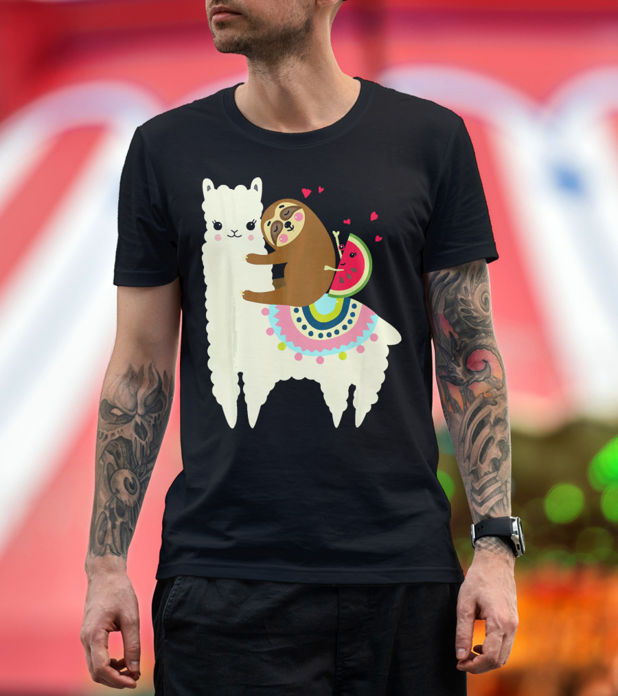 Sloth Hugging Watermelon with Hearts on Colorful Llama T-Shirt